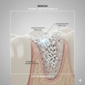 A scientific 3D close-up showing hydroxyapatite particles bonding to the tooth surface to repair and strengthen the protective enamel layer.