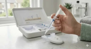 A hand holding a professional whitening gel syringe, demonstrating the precise application required for home whitening.