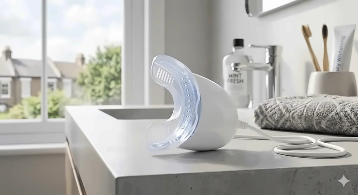 A British woman in a bathroom using a professional LED teeth whitening kit for a brighter smile at home. led teeth whitening kit