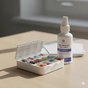 A pill organiser and a bottle of mouthwash, illustrating how certain UK prescriptions can cause a dry mouth.