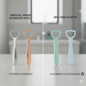 Alt text for image 5: A side-by-side comparison of medical-grade stainless steel and BPA-free plastic tongue cleaners, highlighting durable and hygienic material choices.