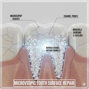 A microscopic-style render showing toothpaste minerals bonding to and sealing microscopic cracks and pores on the tooth enamel surface.