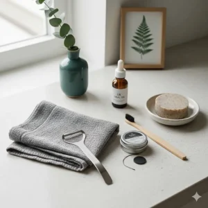 Alt text for image 7: A lifestyle flat-lay of British morning routine essentials including a bamboo toothbrush, eco-friendly floss, and a reusable tongue scraper.