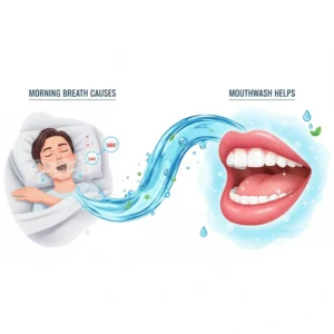 An illustration showing the common causes of morning breath and how mouthwash helps.