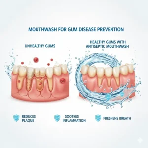 Diagram showing how antiseptic mouthwash prevents gum disease and persistent bad breath.