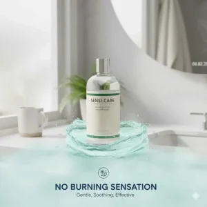 A photorealistic illustration of a soothing water splash around a mouthwash bottle, representing a formula without burning sensation for sensitive mouths.