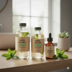 Sustainable glass bottles of natural mouthwash with herbal ingredients like tea tree and peppermint.