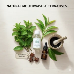 Illustration of natural ingredients like peppermint and tea tree used in eco-friendly UK mouthwashes.
