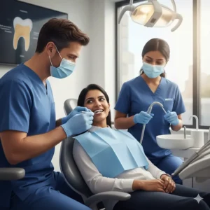 A patient at a UK dental practice receiving a check-up for gum health and plaque buildup.