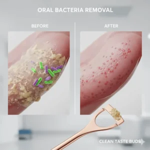 Alt text for image 4: A clear before-and-after comparison of a tongue surface showing the removal of oral bacteria and debris using a metal scraper.