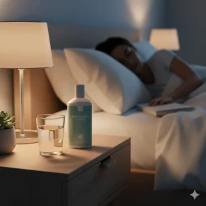 A bottle of dry mouth oral rinse and a glass of water on a bedside table, representing overnight relief.