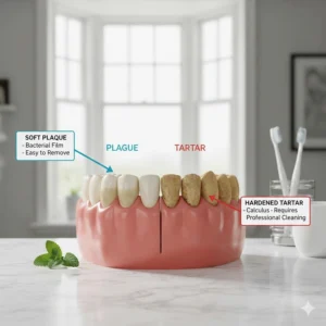 Educational diagram comparing soft dental plaque and hardened tartar on the tooth surface.