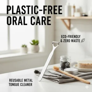 Alt text for image 9: A selection of plastic-free oral care products featuring a reusable metal tongue cleaner to help UK consumers reduce bathroom waste.