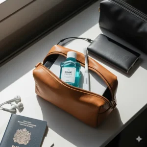 A small bottle of mouthwash in a travel bag, perfect for freshening breath while commuting.