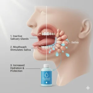 A diagram showing how specialised mouthwash for dry mouth helps stimulate natural saliva production.