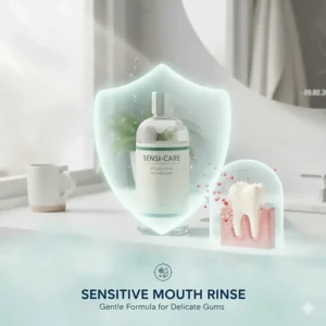 A gentle mouth rinse illustration featuring a glowing protective barrier around a tooth, highlighting a non-irritating formula for delicate UK gums.