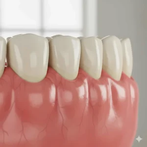 Close-up illustration showing red, swollen gums as a primary sign of gingivitis.