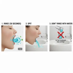 A diagram explaining the spit, don't rinse rule to ensure the mouthwash remains effective on the gum line.