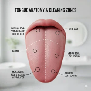 Alt text for image 8: An anatomical chart of the human tongue highlighting the primary zones where plaque and food particles accumulate and require cleaning.