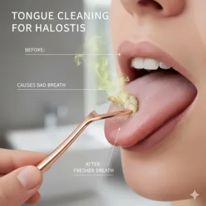 Alt text for image 3: A photorealistic illustration showing how tongue scraping acts as a remedy for halitosis by clearing the coating that causes bad breath.