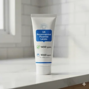 Graphic showing the recommended fluoride levels in UK toothpaste for gum disease.