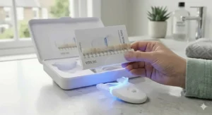 A hand holding a dental shade guide to track the tooth colour improvement after using the LED whitening kit.