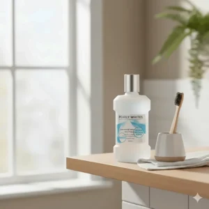 Close-up of a mouthwash bottle label highlighting key whitening ingredients and fluoride for oral health.