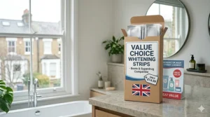 A selection of affordable teeth whitening strips similar to those found at UK high street chemists like Boots or Superdrug.