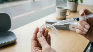 How to apply professional whitening gel into the reservoirs of custom-made teeth whitening trays.