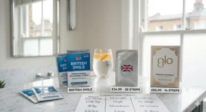 A comparison of different whitening strip brands showing prices in Pounds Sterling and a handwritten chart detailing the best value options in the UK.