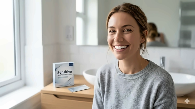 A person in a modern British home smiling confidently to show the bright results of using whitening strips for sensitive teeth. whitening strips for sensitive teeth