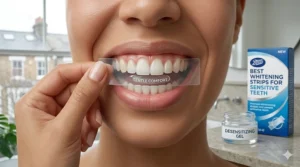 Close-up of a person applying gentle whitening strips specifically designed for UK consumers with sensitive teeth.