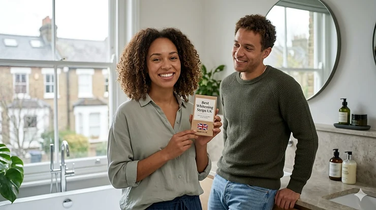 A person with a bright, natural smile holding a box of the best whitening strips available in the UK inside a modern British bathroom. best whitening strips