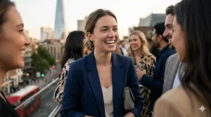 A woman with a bright white smile laughing at a London rooftop social event with the Shard visible in the background.