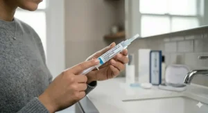 Close-up of the ingredients list on a UK-compliant teeth whitening gel tube, highlighting the active formula.