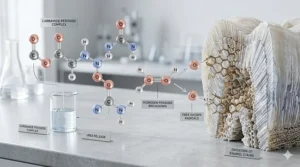 Diagram showing the molecular difference between carbamide peroxide and hydrogen peroxide for dental use.