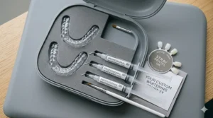 A premium home whitening kit including bespoke trays, professional gel syringes, and a shade guide.