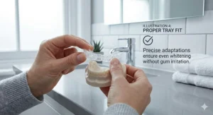 A person holding a clear whitening tray over a dental stone mould to demonstrate the precise adaptation required for even whitening without gum irritation.