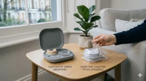 A comparison showing the superior fit of bespoke whitening trays versus generic over-the-counter options.