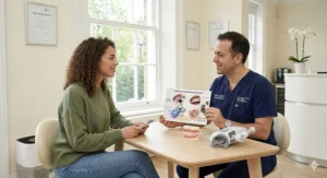Illustration of a dentist explaining the LED whitening procedure to a patient during an initial consultation.