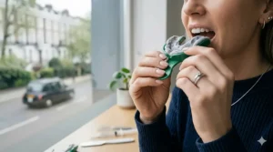A dental professional taking precise putty impressions for bespoke teeth whitening trays in a modern UK clinic.