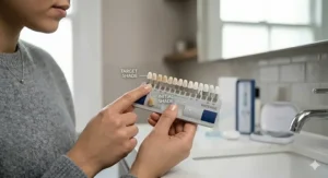 A British dental shade guide showing the progression from yellowed teeth to a whiter shade.