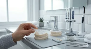 A clinical setup of dentist-prescribed whitening gel syringes in a professional stand next to custom-made dental moulds and a shade comparison card.