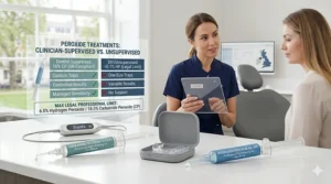 A photorealistic 4K image depicting a British dentist conducting a professional consultation, comparing clinician-supervised 16% carbamide peroxide treatment against unsupervised DIY kits.