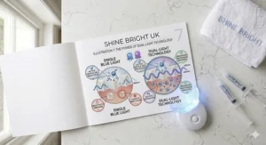 A scientific illustration showing the dual-light LED technology and its efficiency in accelerating the teeth whitening process.