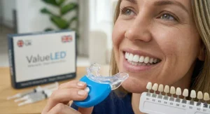 A close-up of a bright, white smile achieved after completing a treatment plan with a budget-friendly home LED whitening kit.