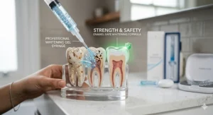 A diagram showing how the whitening gel penetrates surface stains without damaging tooth enamel.