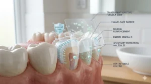 A high-detail cross-section diagram showing an enamel-safe whitening formula protecting the tooth structure during the whitening process.