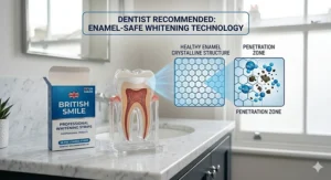 A cross-section diagram of a tooth demonstrating how dentist-recommended, enamel-safe whitening technology works to remove deep stains.