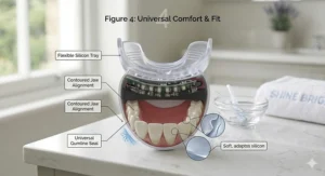 A technical illustration demonstrating the flexible, ergonomic design of the whitening mouthpiece for a comfortable and universal fit.